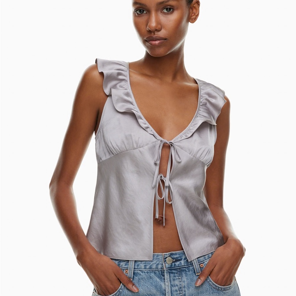 Aritzia Gray Sleeveless Ruffled Blouse